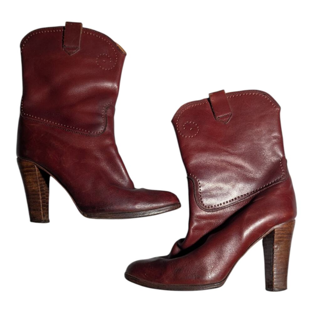 Vtg 1970s Made in Uruguay Burgundy Leather Pointed Toe Short Western Boots 6.5